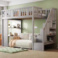 Okwish Lit mezzanine 90x200 cm - Lit simple avec échelle pratique, tiroirs de rangement intégrés et structure robuste - Pin et MDF - Gris
