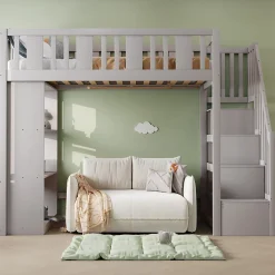 Okwish Lit mezzanine 90x200 cm - Lit simple avec échelle pratique, tiroirs de rangement intégrés et structure robuste - Pin et MDF - Gris