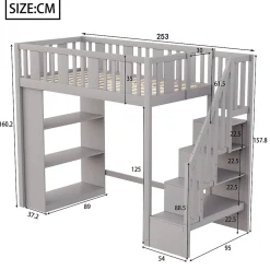 Okwish Lit mezzanine 90x200 cm - Lit simple avec échelle pratique, tiroirs de rangement intégrés et structure robuste - Pin et MDF - Gris