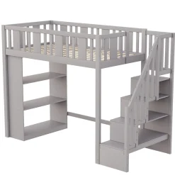 Okwish Lit mezzanine 90x200 cm - Lit simple avec échelle pratique, tiroirs de rangement intégrés et structure robuste - Pin et MDF - Gris