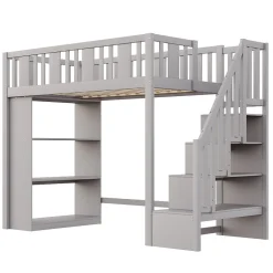 Okwish Lit mezzanine 90x200 cm - Lit simple avec échelle pratique, tiroirs de rangement intégrés et structure robuste - Pin et MDF - Gris