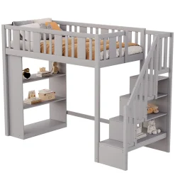 Okwish Lit mezzanine 90x200 cm - Lit simple avec échelle pratique, tiroirs de rangement intégrés et structure robuste - Pin et MDF - Gris