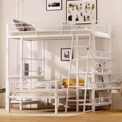 Okwish Lit mezzanine 90x200 cm - Lit simple avec rangement multifonction, structure métal et MDF avec étagères - Sans matelas - Blanc Clearance