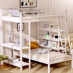 Okwish Lit mezzanine 90x200 cm - Lit simple avec rangement multifonction, structure métal et MDF avec étagères - Sans matelas - Blanc Clearance