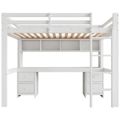 Okwish Lit mezzanine 90x200 cm - Lit Simple avec Escalier à Rampe Haute et bureau, tiroirs - Pin + MDF - Sans Matelas - Blanc Discount