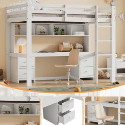 Okwish Lit mezzanine 90x200 cm - Lit Simple avec Escalier à Rampe Haute et bureau, tiroirs - Pin + MDF - Sans Matelas - Blanc Discount