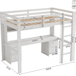 Okwish Lit mezzanine 90x200 cm - Lit Simple avec Escalier à Rampe Haute et bureau, tiroirs - Pin + MDF - Sans Matelas - Blanc Discount