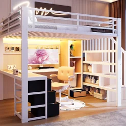 ModernLuxe Lit mezzanine 90x200 cm - Structure en fer - Avec espace de rangement - Avec armoire + bureau - Blanc (matelas non inclus)