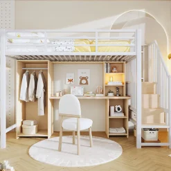 ModernLuxe Lit mezzanine 90x200 cm - Structure en fer - Avec espace de rangement - Avec armoire + bureau - Blanc (matelas non inclus)