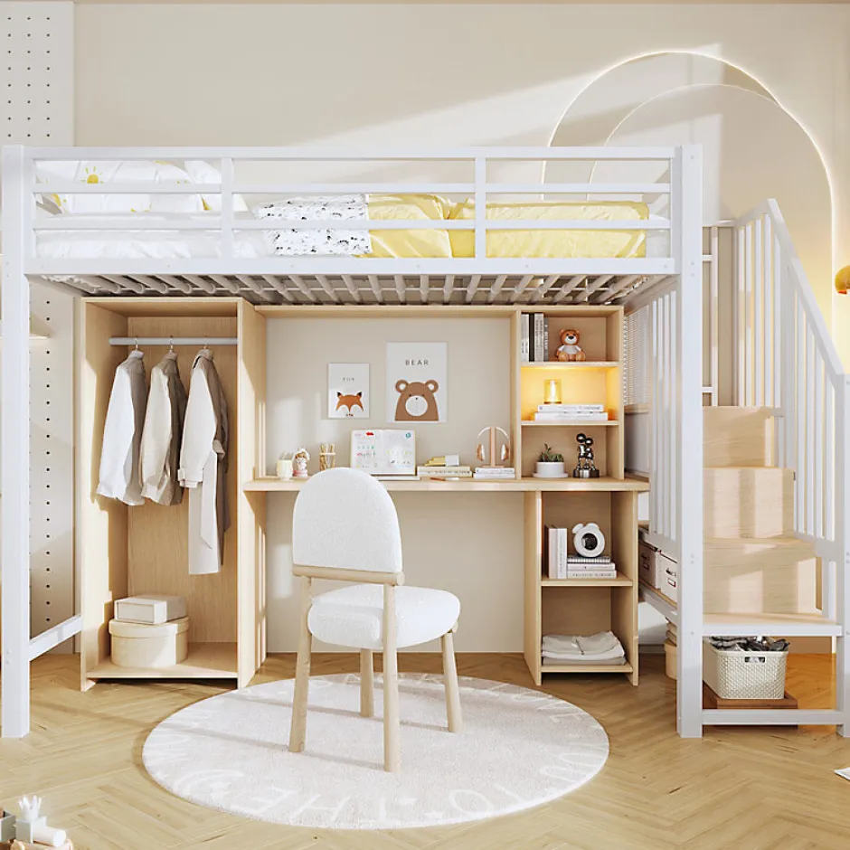 ModernLuxe Lit mezzanine 90x200 cm - Structure en fer - Avec espace de rangement - Avec armoire + bureau - Blanc (matelas non inclus)