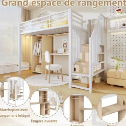 ModernLuxe Lit mezzanine 90x200 cm - Structure en fer - Avec espace de rangement - Avec armoire + bureau - Blanc (matelas non inclus)