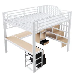 ModernLuxe Lit mezzanine 90x200 cm - Structure en fer - Avec espace de rangement - Avec armoire + bureau - Blanc (matelas non inclus)