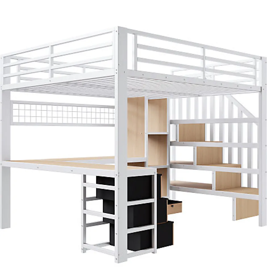 ModernLuxe Lit mezzanine 90x200 cm - Structure en fer - Avec espace de rangement - Avec armoire + bureau - Blanc (matelas non inclus)