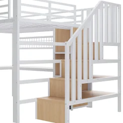 ModernLuxe Lit mezzanine 90x200 cm - Structure en fer - Avec espace de rangement - Avec armoire + bureau - Blanc (matelas non inclus)