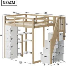 Okwish Lit Mezzanine 140x200 cm Ado avec Commode, Étagères et Tiroirs - Échelle Sécurisée Antidérapante - Sans Matelas - Bois Naturel