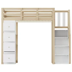 Okwish Lit Mezzanine 140x200 cm Ado avec Commode, Étagères et Tiroirs - Échelle Sécurisée Antidérapante - Sans Matelas - Bois Naturel