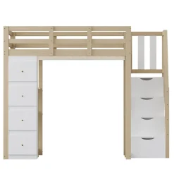 Okwish Lit Mezzanine 140x200 cm Ado avec Commode, Étagères et Tiroirs - Échelle Sécurisée Antidérapante - Sans Matelas - Bois Naturel