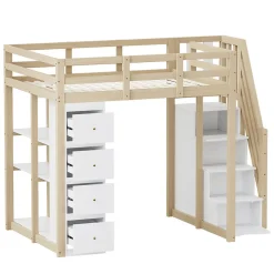 Okwish Lit Mezzanine 140x200 cm Ado avec Commode, Étagères et Tiroirs - Échelle Sécurisée Antidérapante - Sans Matelas - Bois Naturel