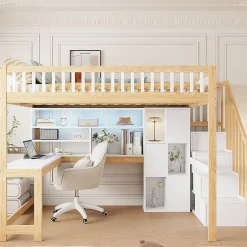 Okwish Lit mezzanine 140x200 cm ado double avec bureau intégré, étagères et LED, rangement pratique, pin+MDF blanc+bois naturel Online