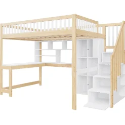 Okwish Lit mezzanine 140x200 cm ado double avec bureau intégré, étagères et LED, rangement pratique, pin+MDF blanc+bois naturel Online