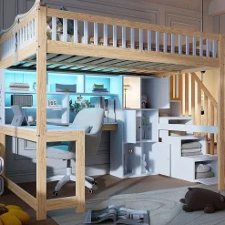 Okwish Lit mezzanine 140x200 cm ado double avec bureau intégré, étagères et LED, rangement pratique, pin+MDF blanc+bois naturel Online