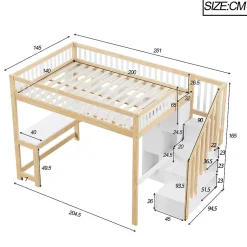 Okwish Lit mezzanine 140x200 cm ado double avec bureau intégré, étagères et LED, rangement pratique, pin+MDF blanc+bois naturel Online