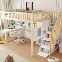 Okwish Lit mezzanine 140x200 cm ado double avec bureau intégré, étagères et LED, rangement pratique, pin+MDF blanc+bois naturel Online