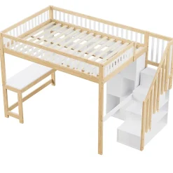 Okwish Lit mezzanine 140x200 cm ado double avec bureau intégré, étagères et LED, rangement pratique, pin+MDF blanc+bois naturel Online