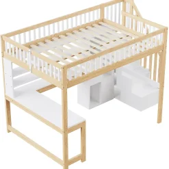 Okwish Lit mezzanine 140x200 cm ado double avec bureau intégré, étagères et LED, rangement pratique, pin+MDF blanc+bois naturel Online