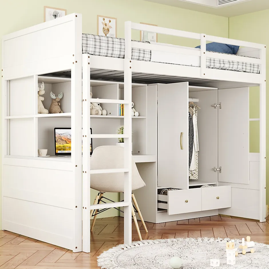 Okwish Lit mezzanine 90x200 cm ado/enfant avec bureau et armoire, escalier avec tiroirs, bois MDF+pin blanc, sans matelas