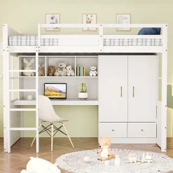 Okwish Lit mezzanine 90x200 cm ado/enfant avec bureau et armoire, escalier avec tiroirs, bois MDF+pin blanc, sans matelas