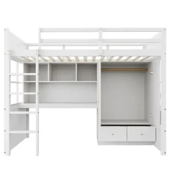 Okwish Lit mezzanine 90x200 cm ado/enfant avec bureau et armoire, escalier avec tiroirs, bois MDF+pin blanc, sans matelas