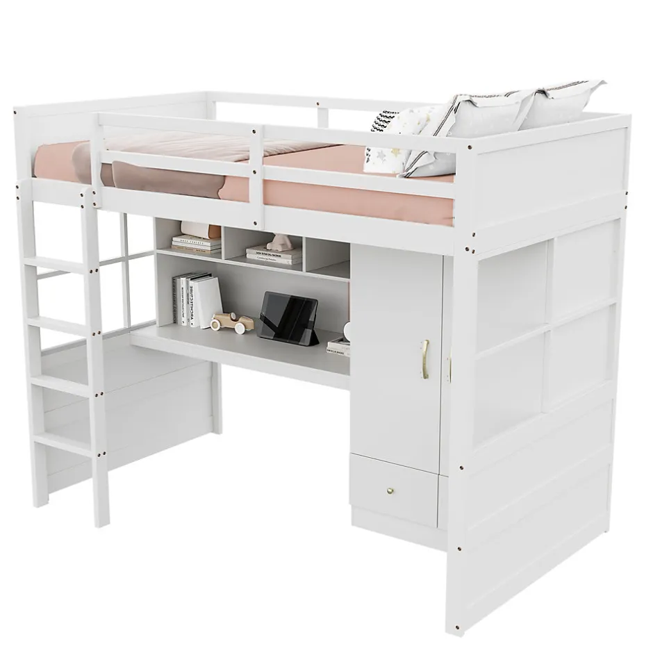 Okwish Lit mezzanine 90x200 cm ado/enfant avec bureau et armoire, escalier avec tiroirs, bois MDF+pin blanc, sans matelas