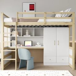 Okwish Lit mezzanine 90x200 cm ado/enfant 1 place avec bureau et armoire, escalier avec tiroirs, bois pin+MDF couleur bois, sans matelas Clearance