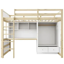 Okwish Lit mezzanine 90x200 cm ado/enfant 1 place avec bureau et armoire, escalier avec tiroirs, bois pin+MDF couleur bois, sans matelas Clearance