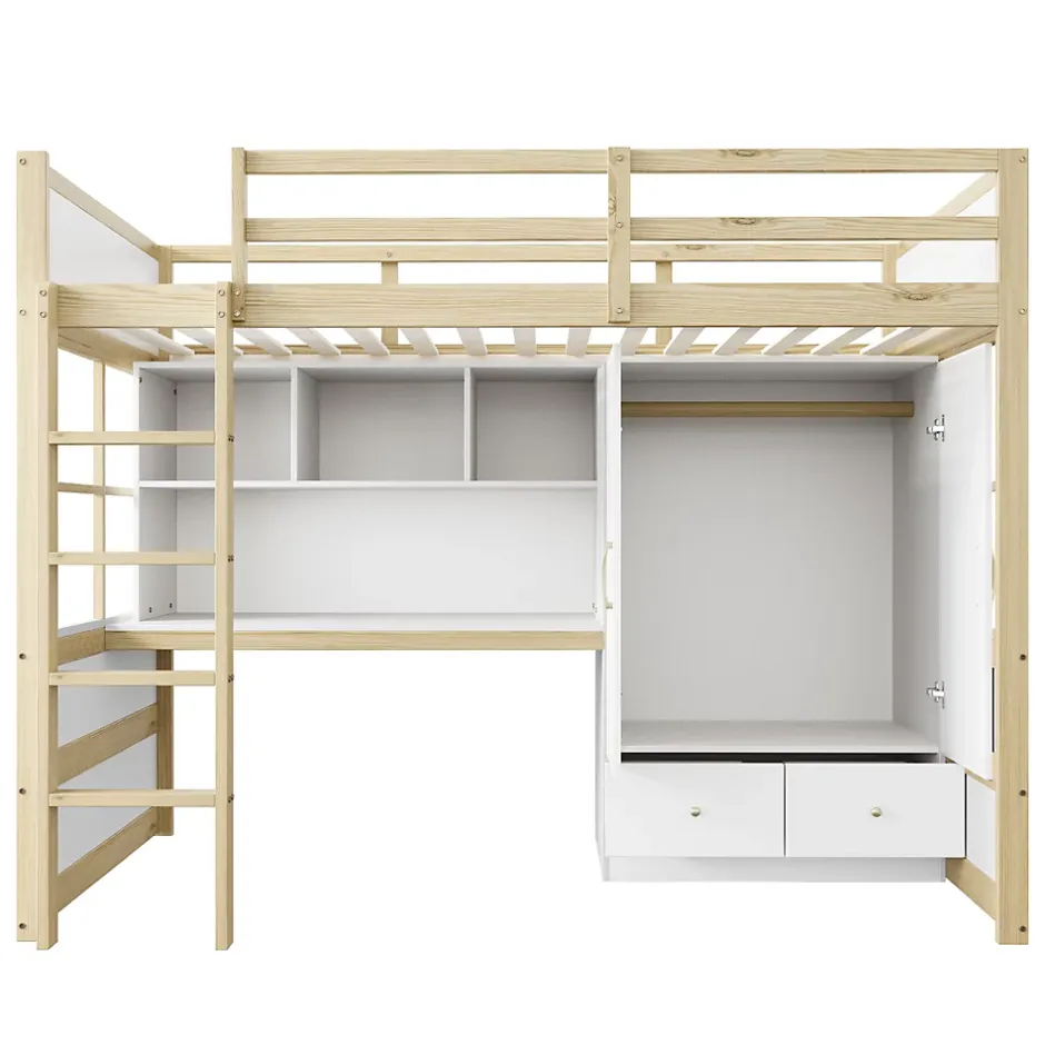 Okwish Lit mezzanine 90x200 cm ado/enfant 1 place avec bureau et armoire, escalier avec tiroirs, bois pin+MDF couleur bois, sans matelas Clearance