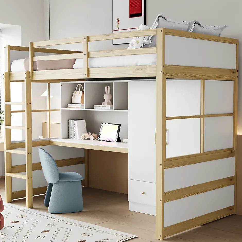 Okwish Lit mezzanine 90x200 cm ado/enfant 1 place avec bureau et armoire, escalier avec tiroirs, bois pin+MDF couleur bois, sans matelas Clearance