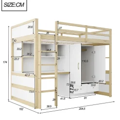 Okwish Lit mezzanine 90x200 cm ado/enfant 1 place avec bureau et armoire, escalier avec tiroirs, bois pin+MDF couleur bois, sans matelas Clearance