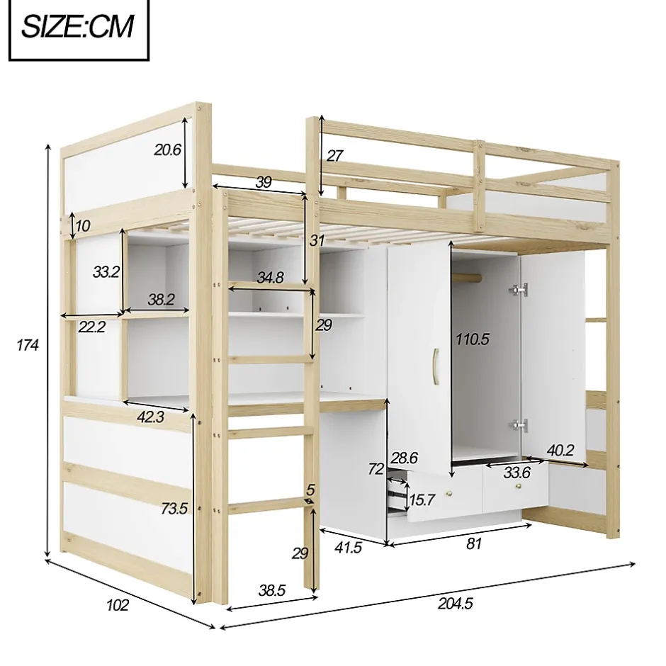 Okwish Lit mezzanine 90x200 cm ado/enfant 1 place avec bureau et armoire, escalier avec tiroirs, bois pin+MDF couleur bois, sans matelas Clearance