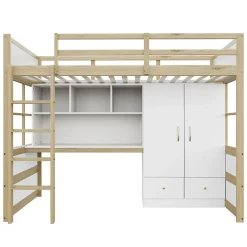 Okwish Lit mezzanine 90x200 cm ado/enfant 1 place avec bureau et armoire, escalier avec tiroirs, bois pin+MDF couleur bois, sans matelas Clearance