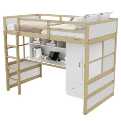 Okwish Lit mezzanine 90x200 cm ado/enfant 1 place avec bureau et armoire, escalier avec tiroirs, bois pin+MDF couleur bois, sans matelas Clearance