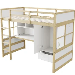 Okwish Lit mezzanine 90x200 cm ado/enfant 1 place avec bureau et armoire, escalier avec tiroirs, bois pin+MDF couleur bois, sans matelas Clearance