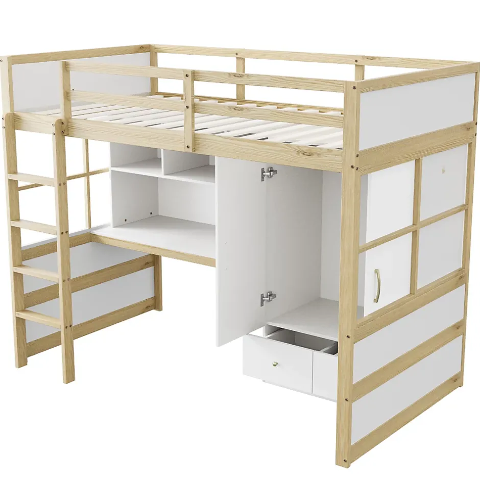 Okwish Lit mezzanine 90x200 cm ado/enfant 1 place avec bureau et armoire, escalier avec tiroirs, bois pin+MDF couleur bois, sans matelas Clearance