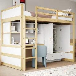 Okwish Lit mezzanine 90x200 cm ado/enfant 1 place avec bureau et armoire, escalier avec tiroirs, bois pin+MDF couleur bois, sans matelas Clearance
