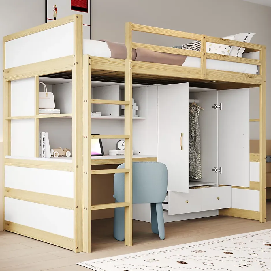 Okwish Lit mezzanine 90x200 cm ado/enfant 1 place avec bureau et armoire, escalier avec tiroirs, bois pin+MDF couleur bois, sans matelas Clearance