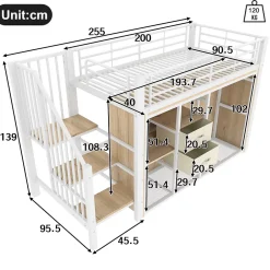 Redom Lit mezzanine 90x200 cm avec 2 tiroirs et vestiaire ouvert, LED multicolore, structure métal