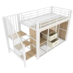 Redom Lit mezzanine 90x200 cm avec 2 tiroirs et vestiaire ouvert, LED multicolore, structure métal
