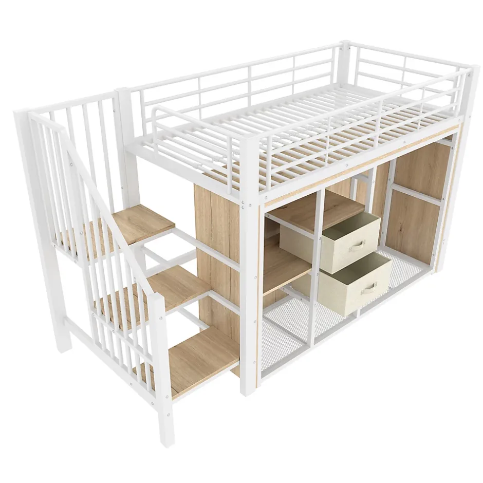 Redom Lit mezzanine 90x200 cm avec 2 tiroirs et vestiaire ouvert, LED multicolore, structure métal