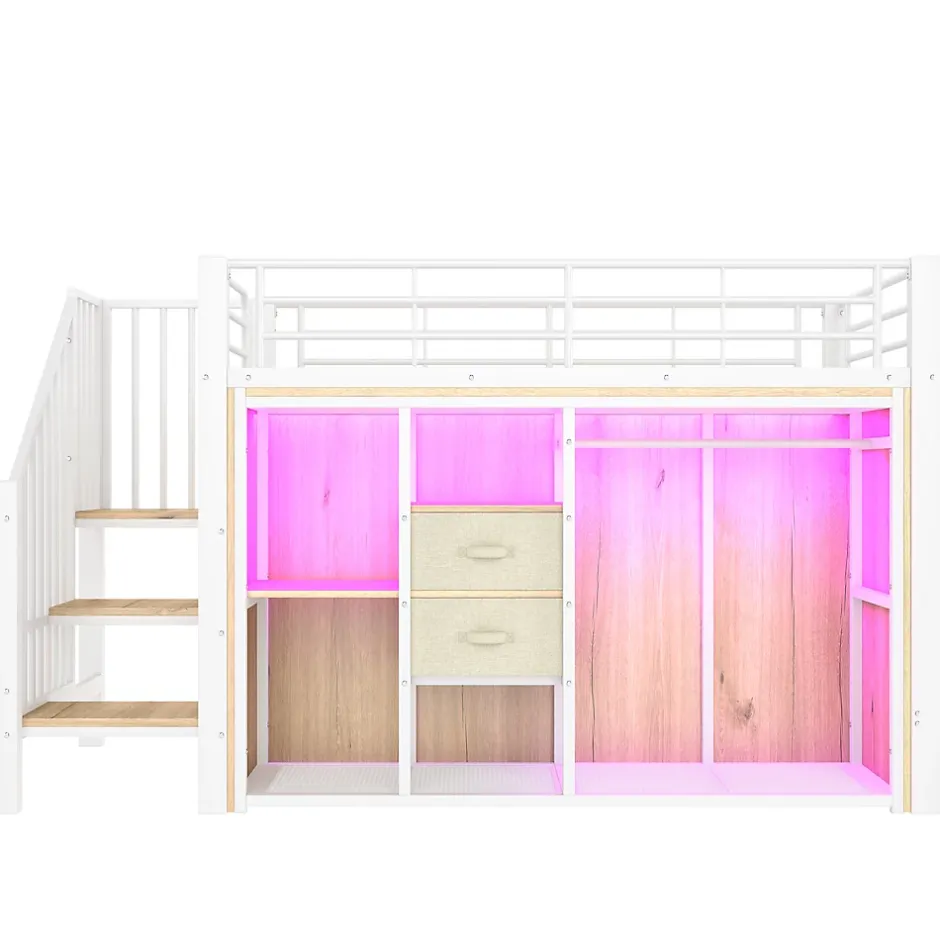 Redom Lit mezzanine 90x200 cm avec 2 tiroirs et vestiaire ouvert, LED multicolore, structure métal