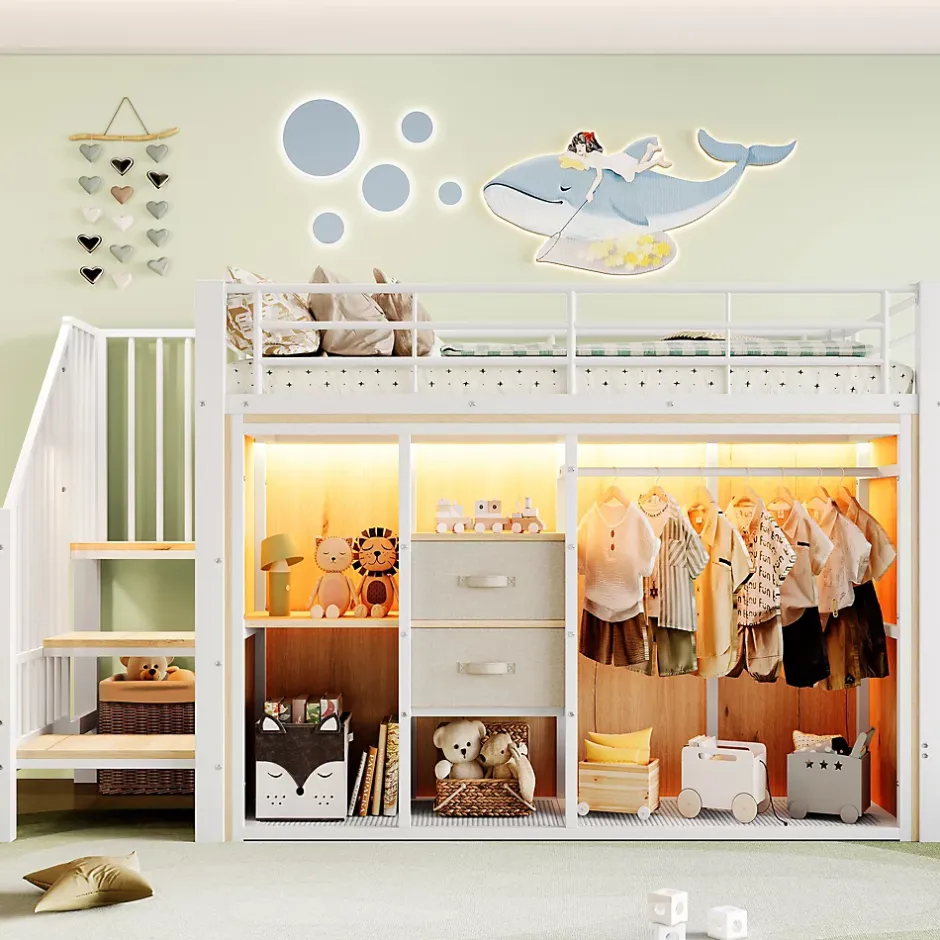 Redom Lit mezzanine 90x200 cm avec 2 tiroirs et vestiaire ouvert, LED multicolore, structure métal